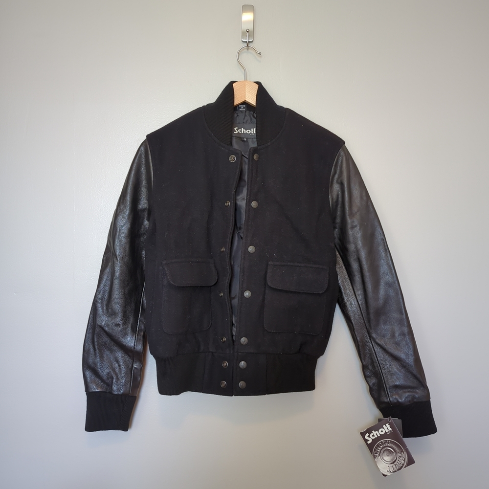 Schott NYC Black Varsity Jacket with Leather Sleeves